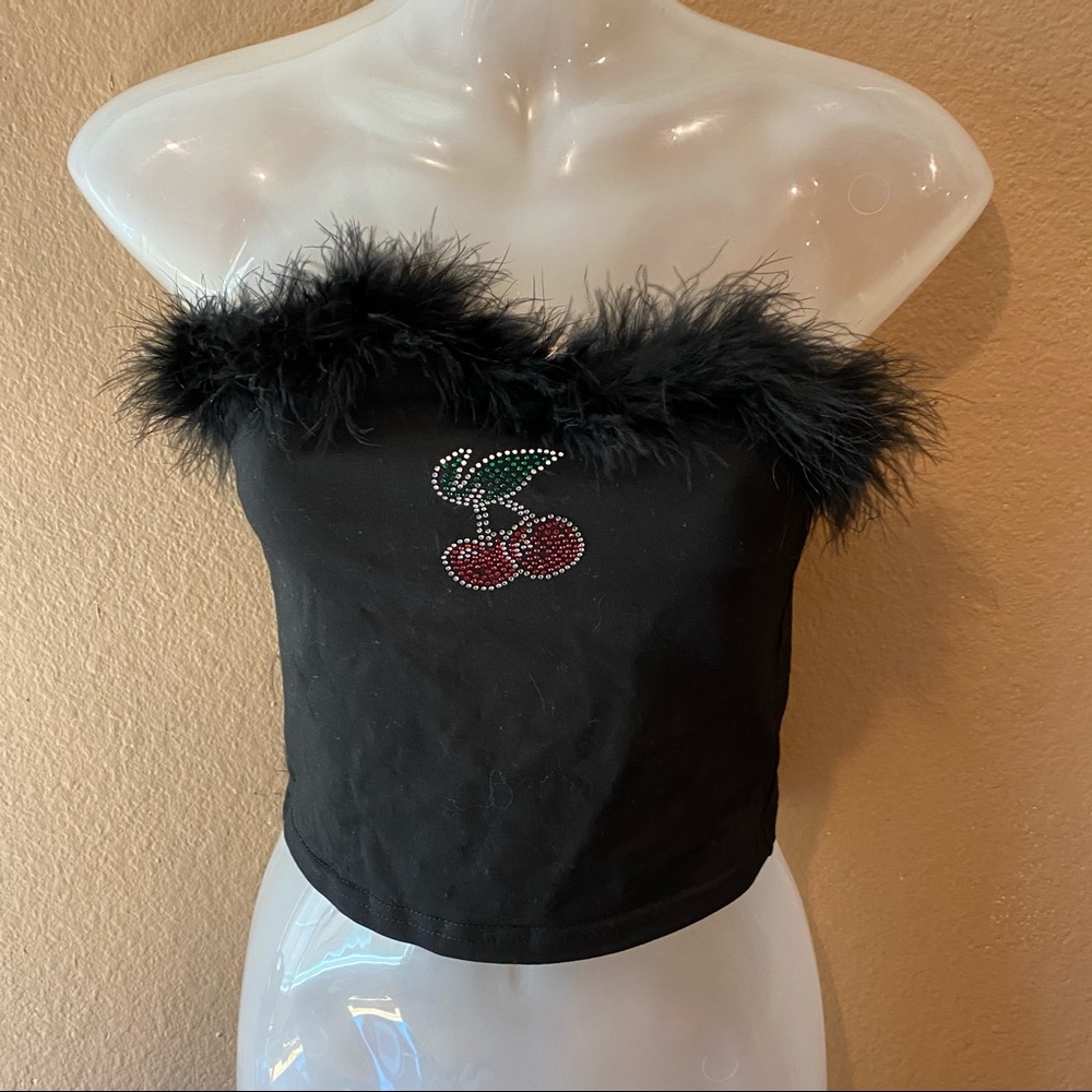 Cherry jeweled feather strapless crop top